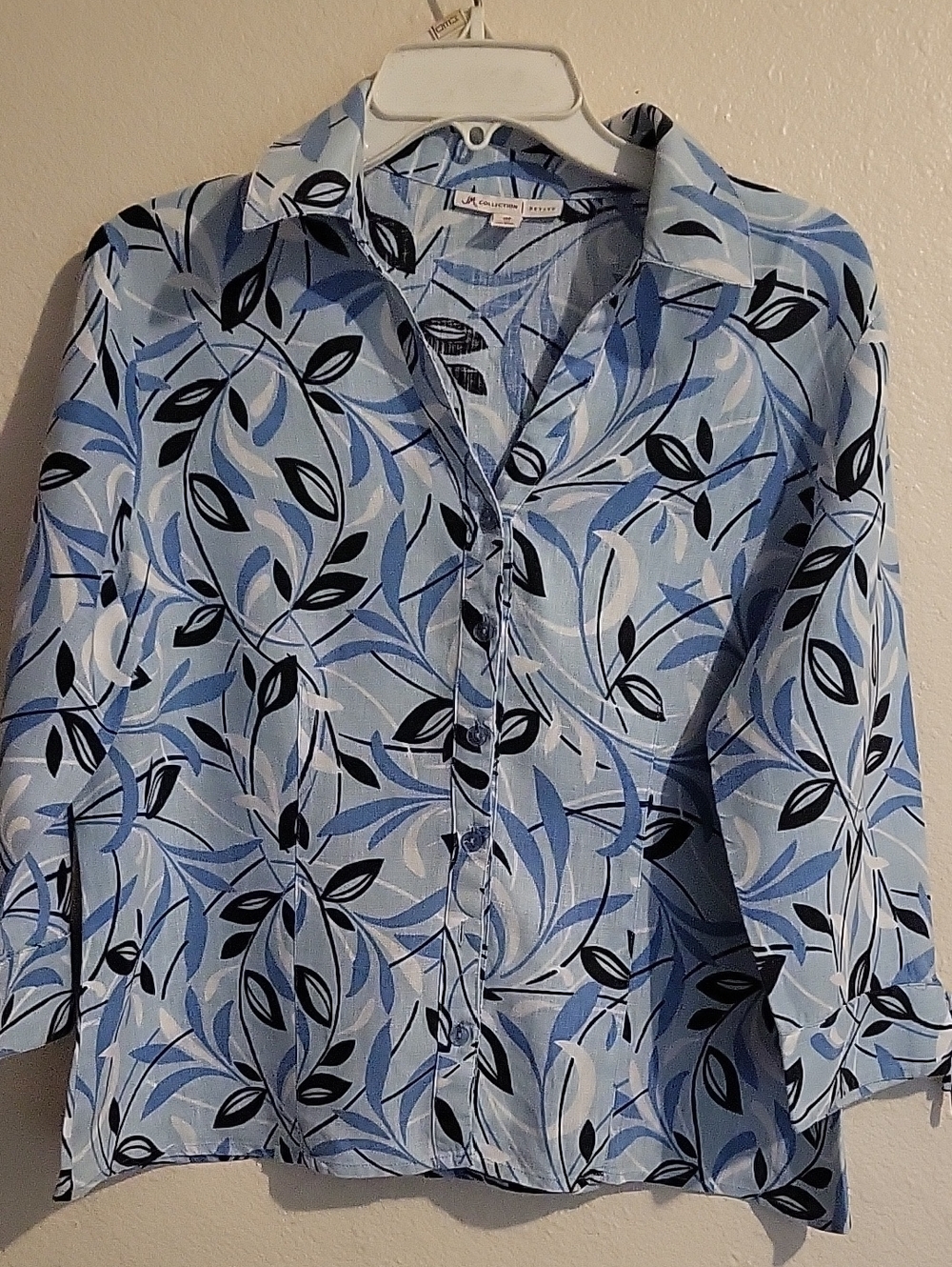 JM Collection Blue and Black Leaf Print Petite Blouse